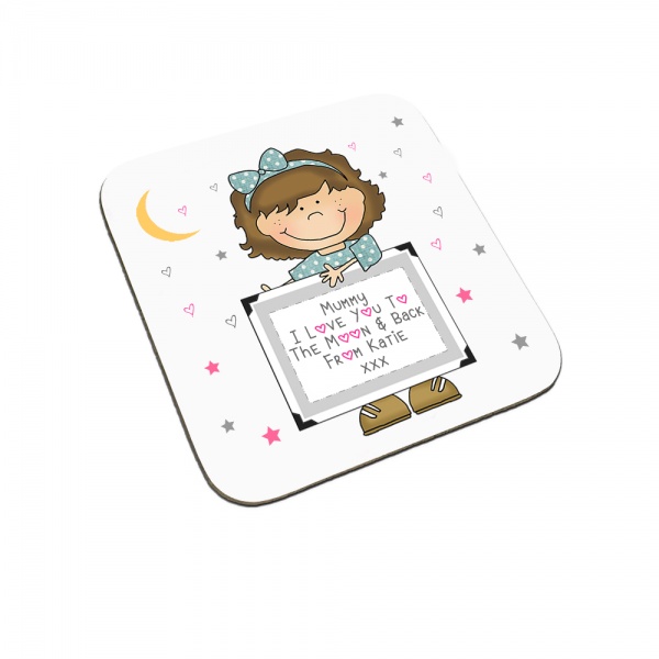 Personalised I Love You To The Moon & Back Child Coaster (Brown Haired Girl)